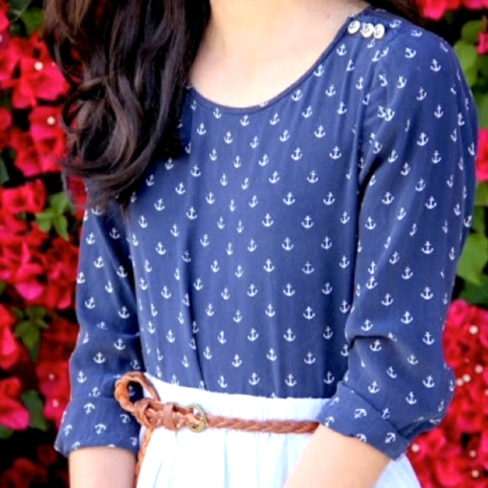 Silk Nautical Blouse Top XS J. Crew Navy Anchor Print